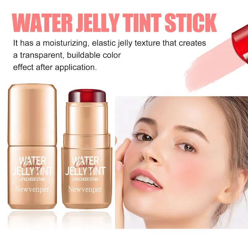 Model demonstrating buildable blush swatch on cheek with open makeup stick.
