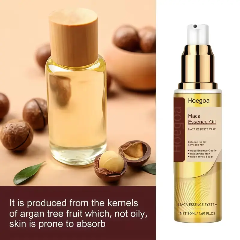 Hoegoa Maca Essence Oil bottle next to argan tree kernels showing a non-oily, fast-absorbing formula.