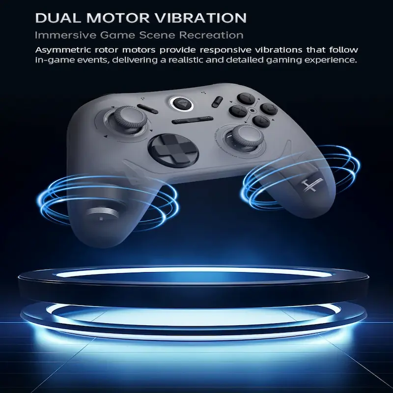 Grey MACHENIKE G1 controller highlighting internal asymmetric rotor motors for immersive haptic feedback.
