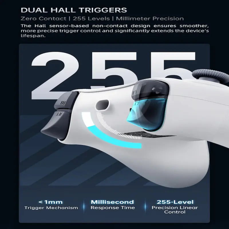 Technical view of MACHENIKE G1 Dual Hall Triggers with 255 levels of precision linear control.