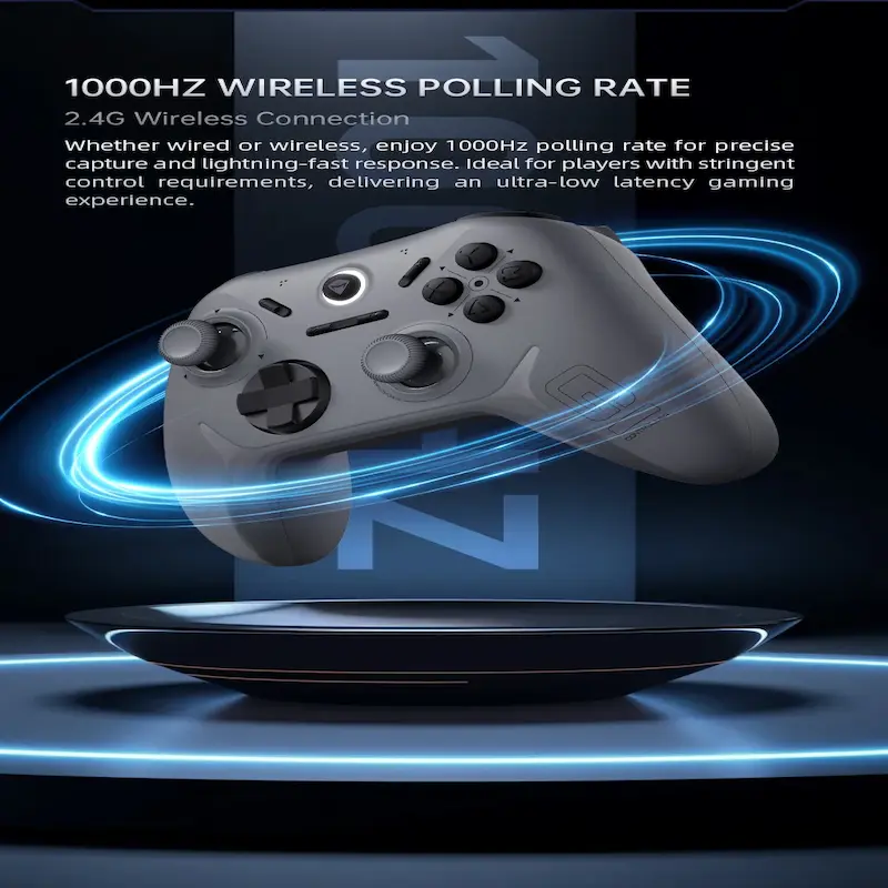 Grey MACHENIKE G1 controller highlighting 1000Hz wireless polling rate for low latency.