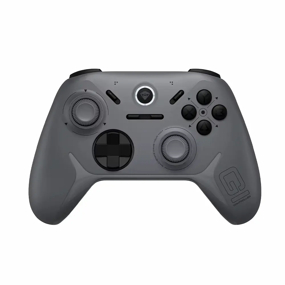 Front view of the grey wireless gaming pad showing buttons and sticks.