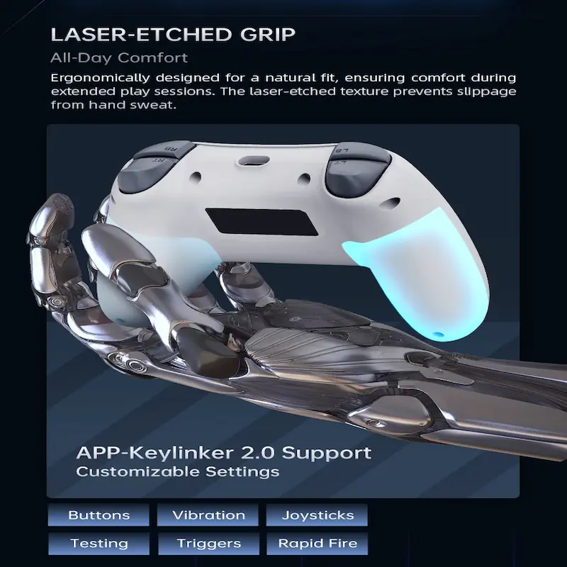 Back view of MACHENIKE G1 showing laser-etched grip and Keylinker 2.0 app support.