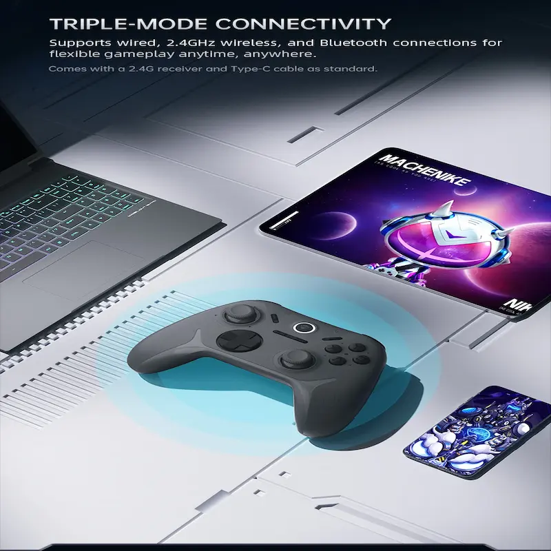 MACHENIKE G1 controller in a gaming setup with laptop, tablet, and phone.