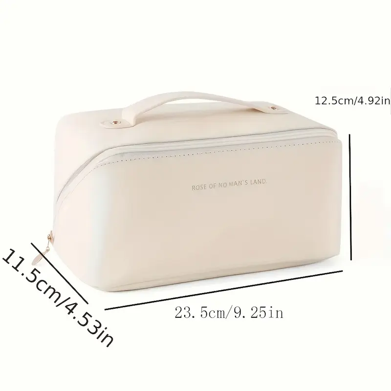 A cream makeup bag showing dimensions: 23.5cm length, 11.5cm width, and 12.5cm height.