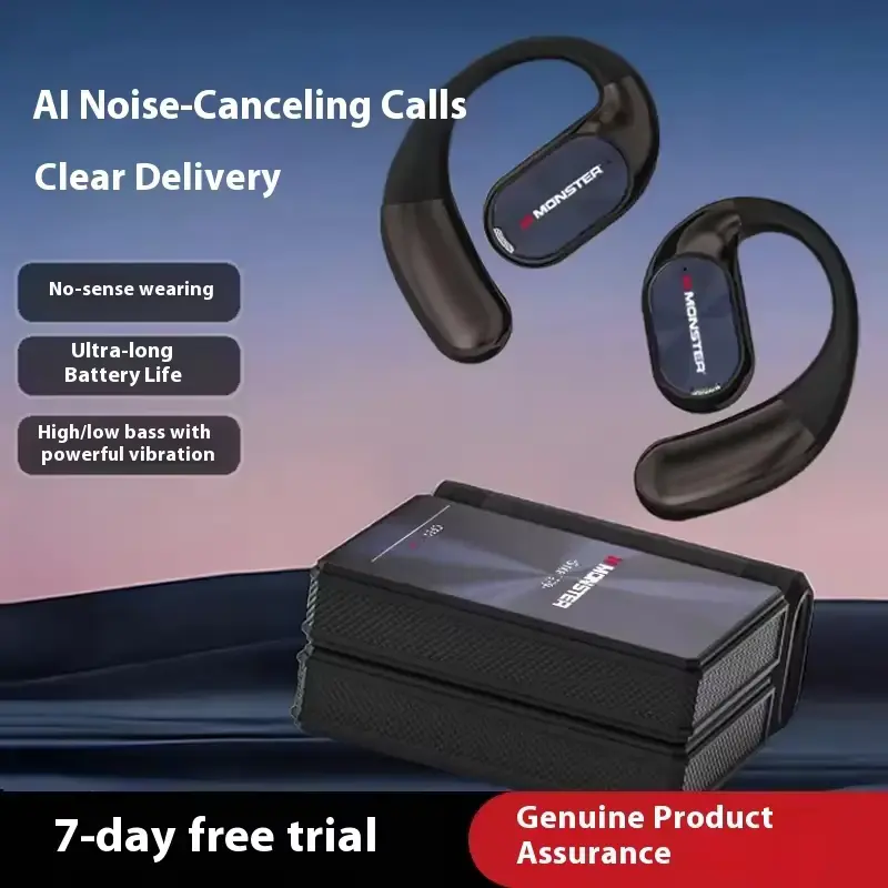 Open-ear clip earbuds displayed alongside case in MONSTER AC530 Earphones Review.