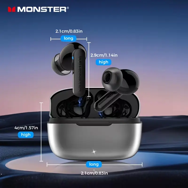 Technical diagram showing the dimensions of Monster earbuds and the compact charging case in centimeters and inches.