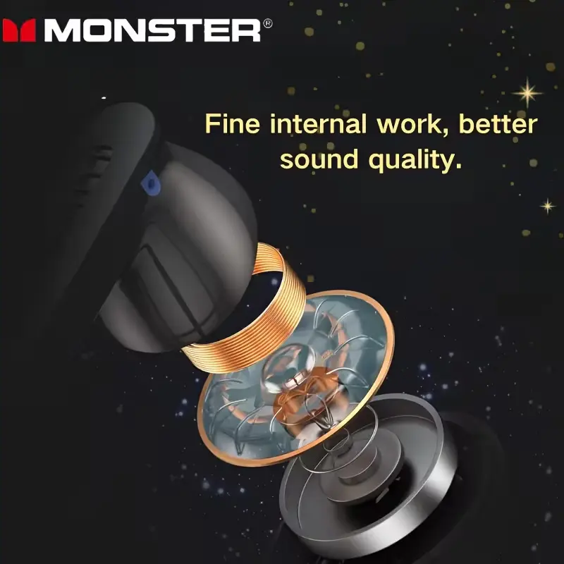 Exploded view of the Monster earbud showing the internal driver, copper coil, and diaphragm for high-quality sound.