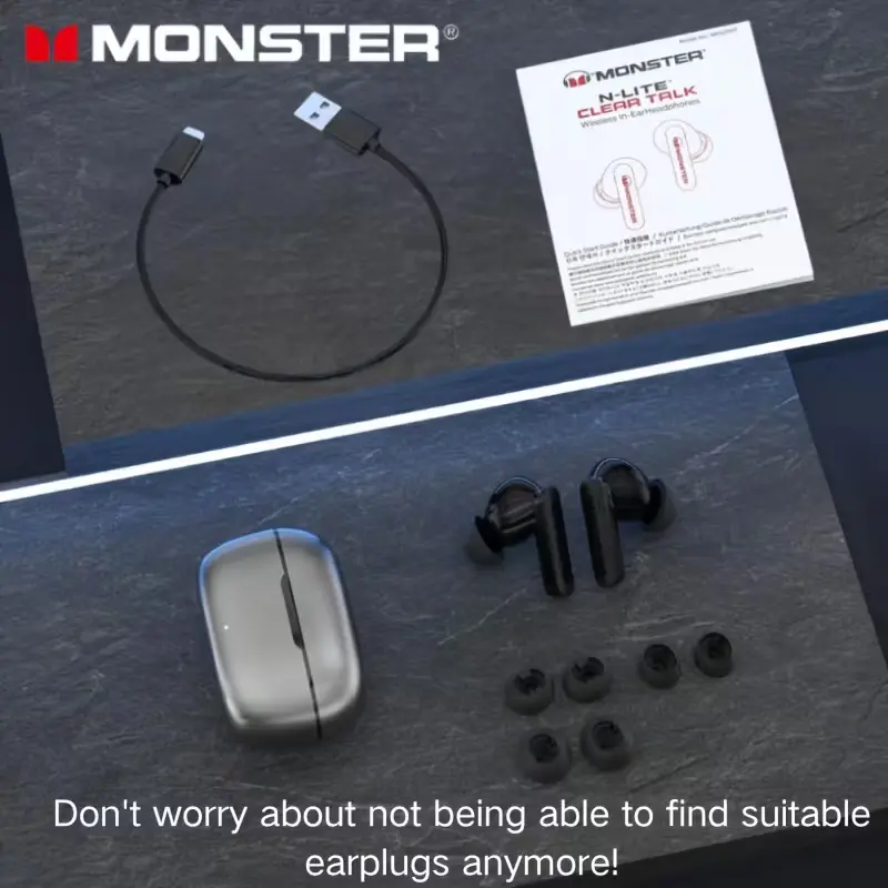 Monster N-Lite package contents including charging case, earbuds, USB-C cable, manual, and multiple sizes of ear tips.