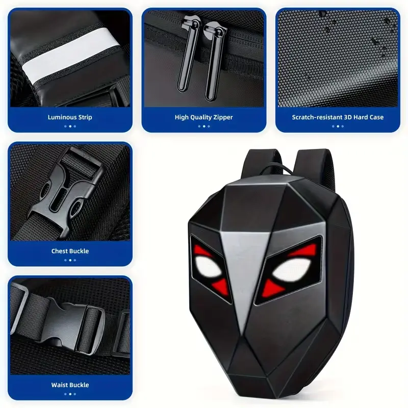 Close-up of luminous strip, high-quality zippers, and scratch-resistant hard shell.