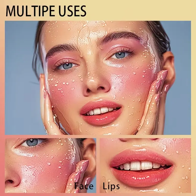 Collage showing the jelly tint used on face, lips, and cheeks with water droplets.