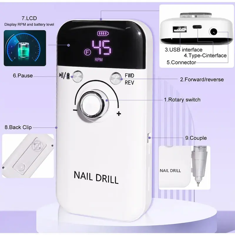 Detailed view of the top and side of the nail drill showing the USB interface, Type-C charging port, and rotary switch.
