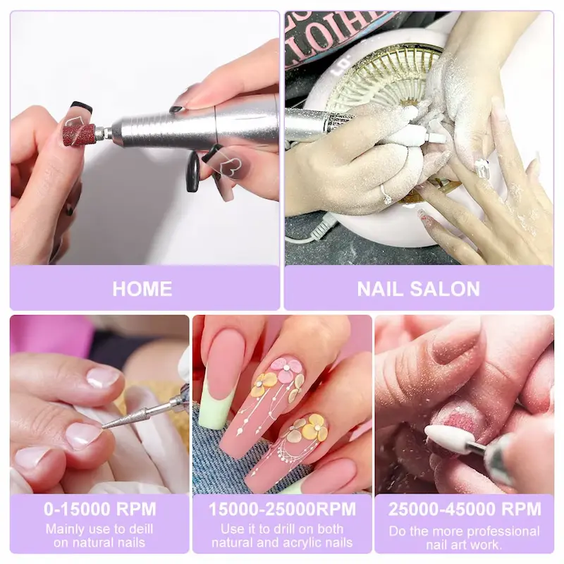A guide showing different speed ranges: 0-15k RPM for natural nails, 15-25k for acrylics, and up to 45k for professional nail art.