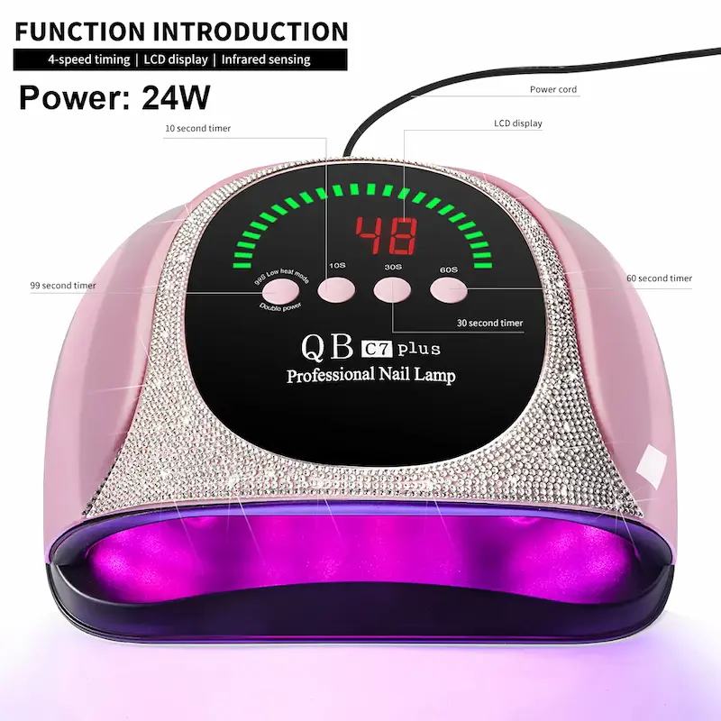 Top view of nail lamp showing 4-speed timing buttons and LCD digital display.