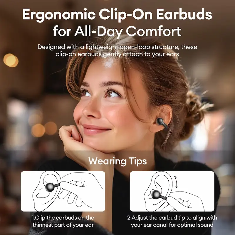 Woman wearing ergonomic open loop clip-on earphones alongside step-by-step fit instructions.