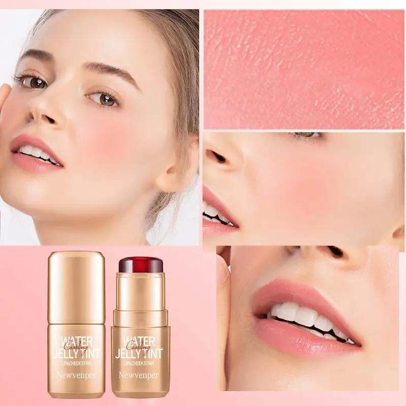 Peachy pink Cooling Water Jelly Tint blush stick with lip and cheek swatch close-up.