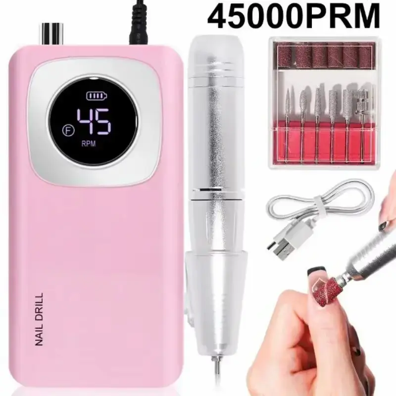 Pink 45000RPM Electric Nail Drill being used for acrylic nail filing.