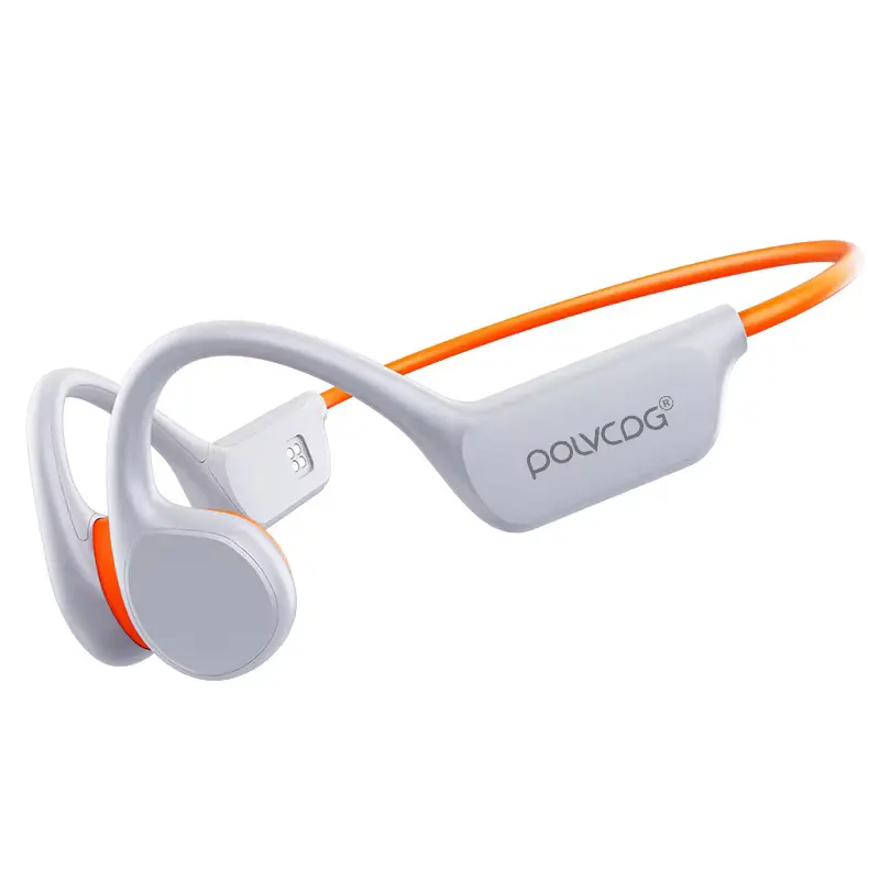 Side profile of the POLVCDG bone conduction headset in white with an orange neckband.