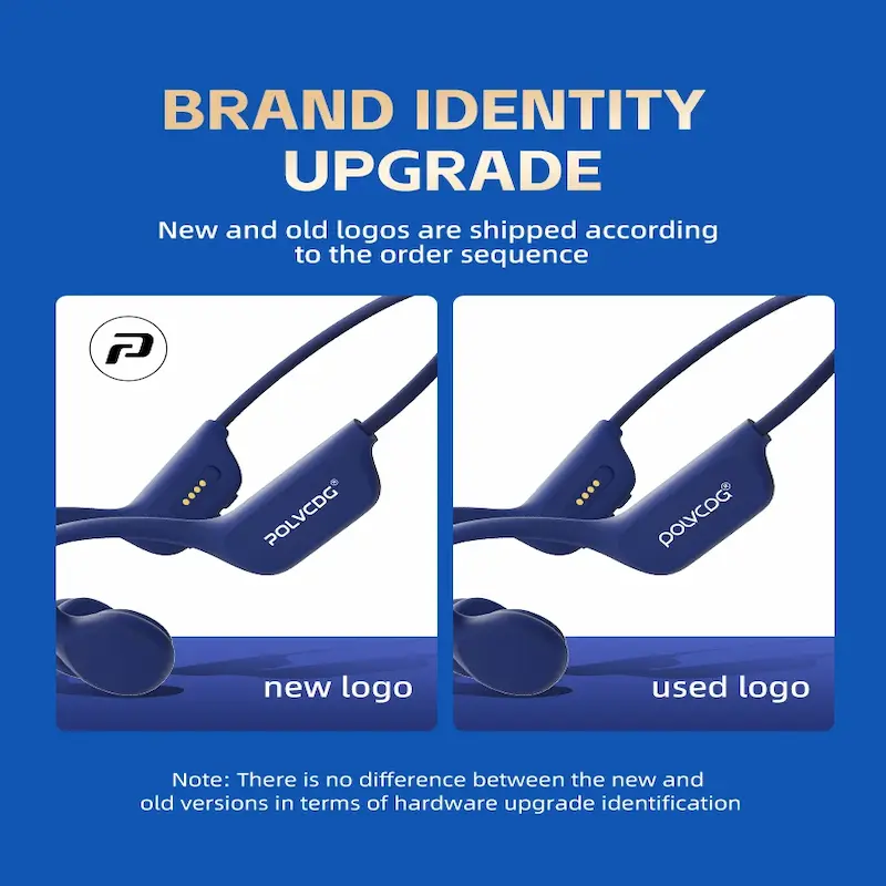 Comparison of the new and old POLVCDG brand logos on the headset frame.