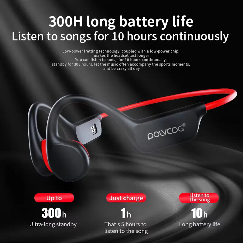 Infographic showing 300 hours standby time and 10 hours of continuous music playback for the POLVCDG headset.