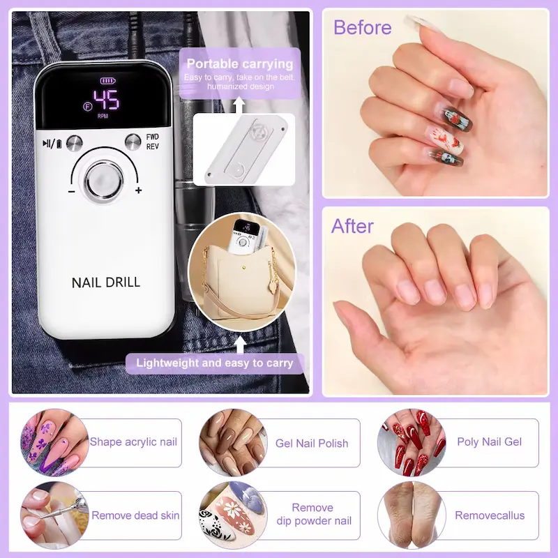 A collage showing the portable nail drill clipped to a pocket, tucked in a purse, and before-and-after results of gel nail removal.
