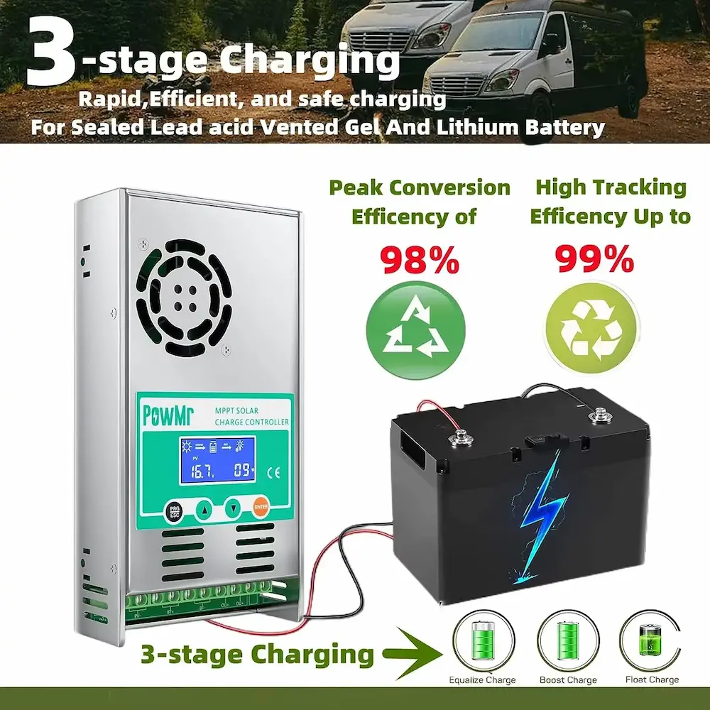PowMr 60A MPPT review illustrating the 3-stage charging process for lithium and lead-acid batteries.