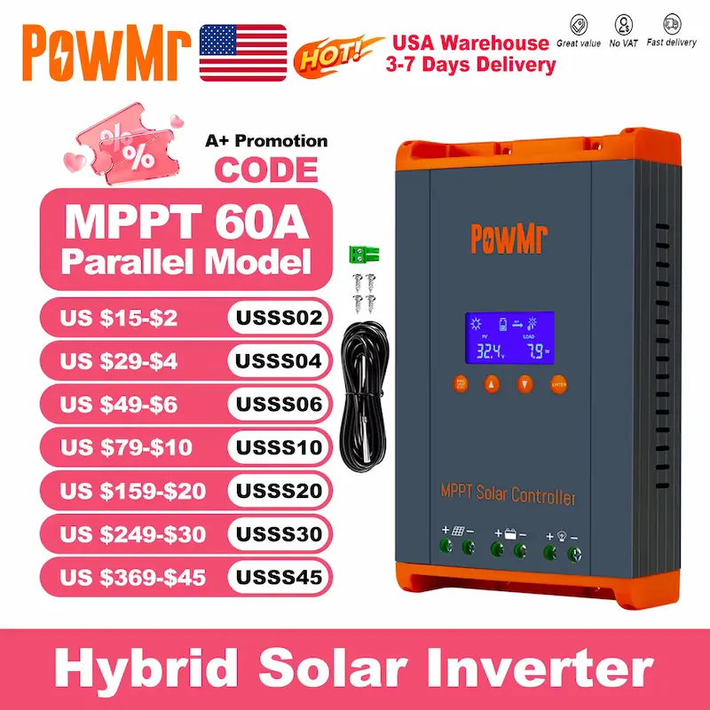 PowMr 60A Parallel Model solar controller with pricing and discount codes.