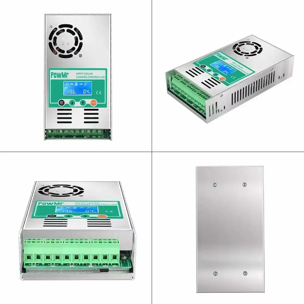 Detailed PowMr 60A MPPT review photo set showing front, side, bottom terminals, and back aluminum plate.