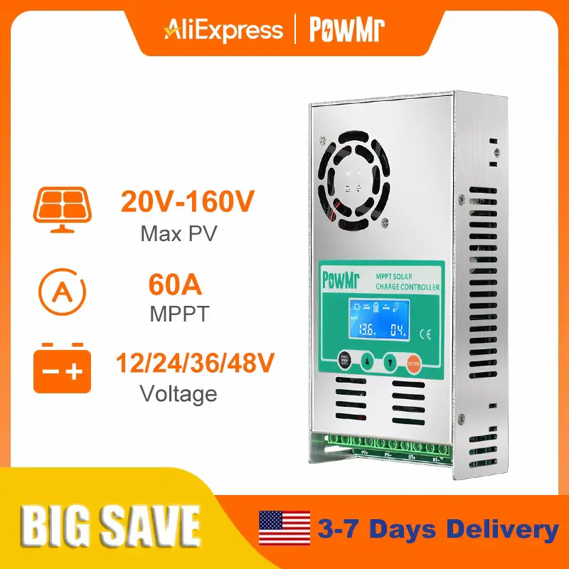 PowMr 60A MPPT review showing specifications for 12V 24V 36V 48V auto battery detection and max 160V DC input.