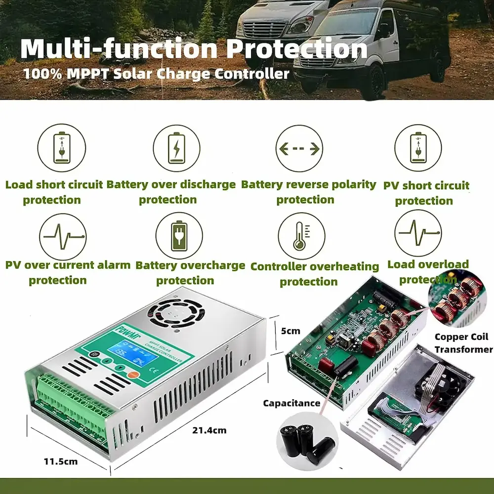 Internal circuit board layout showing built-in short circuit and reverse polarity protections.