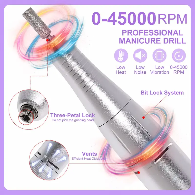 Diagram of the silver nail drill handpiece highlighting low heat, low noise, low vibration, and efficient heat dissipation vents.