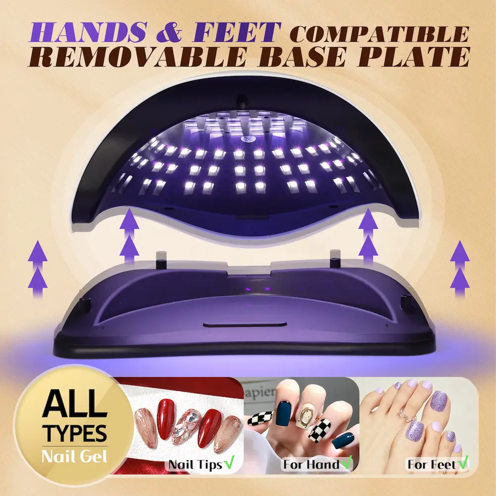 Detachable bottom tray showing compatibility for both pedicure and manicure gel curing.