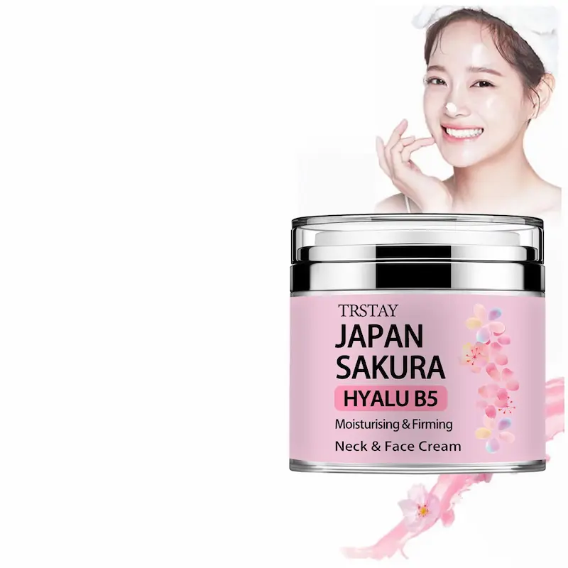 A smiling woman with a dab of cream on her nose next to the Japan Sakura Hyalu B5 cream jar.