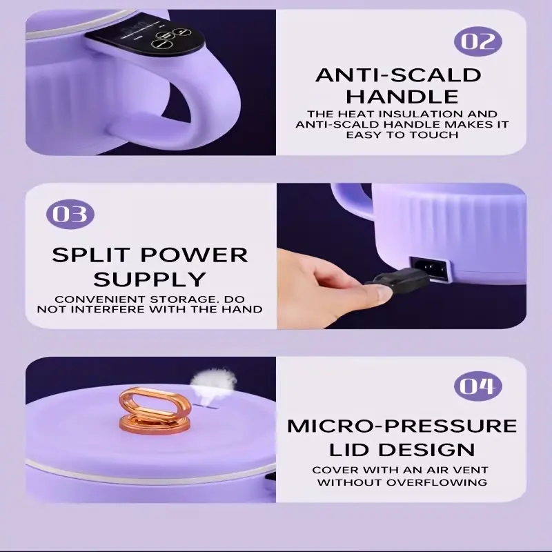 Collage showing anti-scald handle, split power supply, and micro-pressure air vent lid.