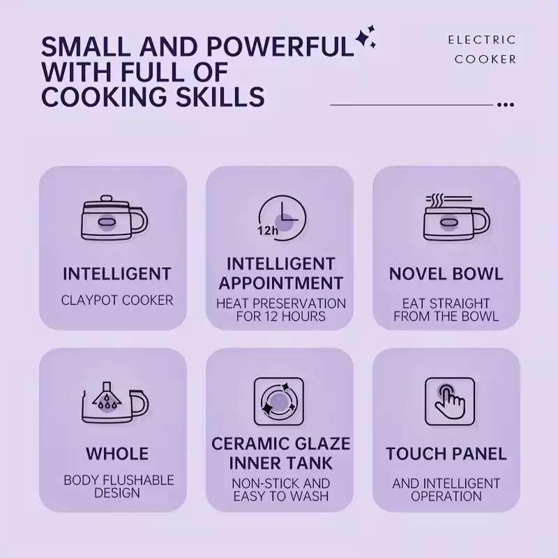 Infographic listing features like Ceramic Glaze inner tank, Touch Panel, and 12h Intelligent Appointment.