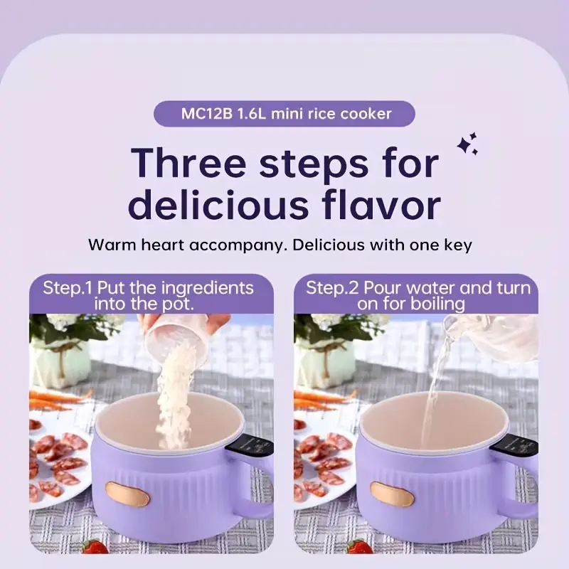 Two-panel image showing ingredients being added to the SENBOWE mini rice cooker.
