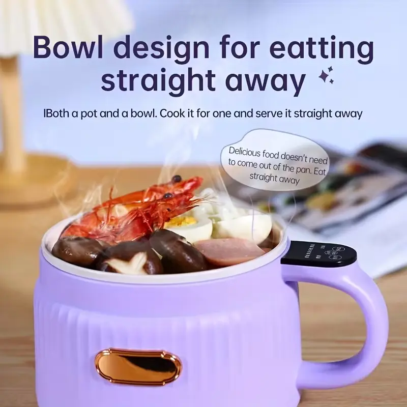 Steaming hot food inside the cooker, highlighting its "cook and eat" bowl design.