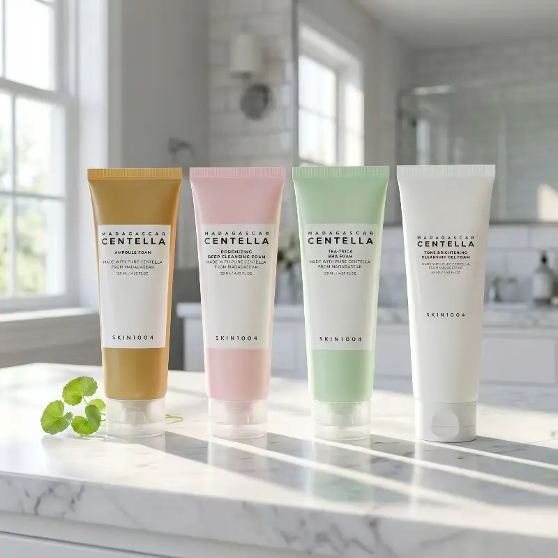The complete Madagascar Centella cleanser set displayed on a marble bathroom counter.