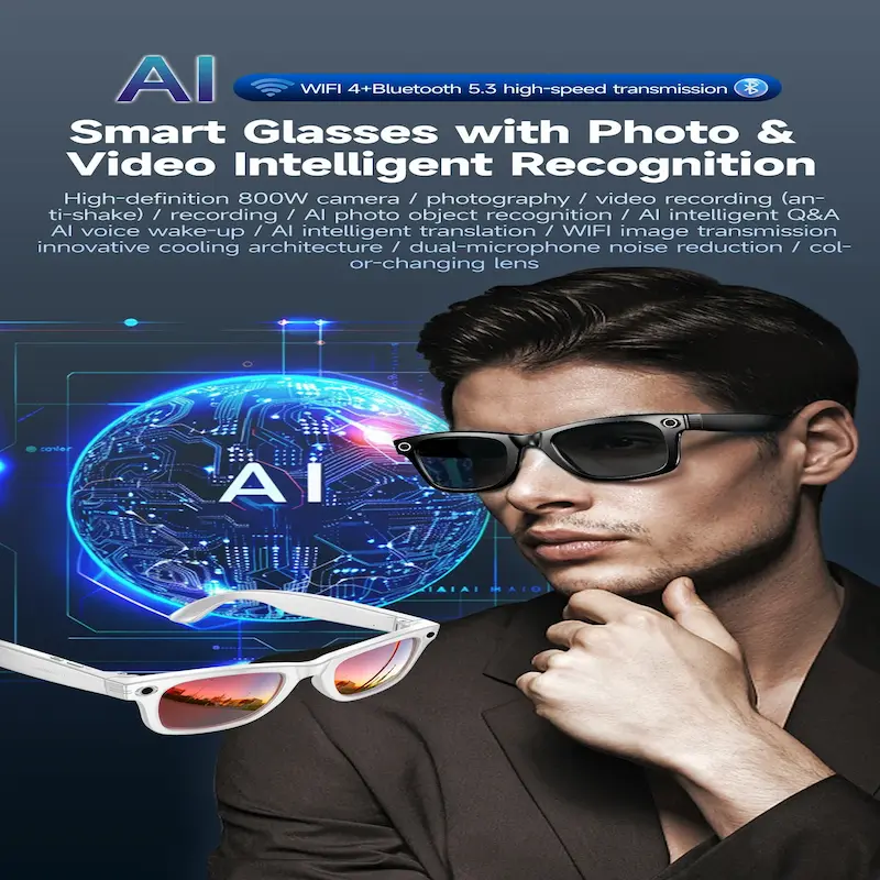 A man wearing 2026 AI smart glasses with features like 800W camera, WiFi 4, and Bluetooth 5.3 listed.