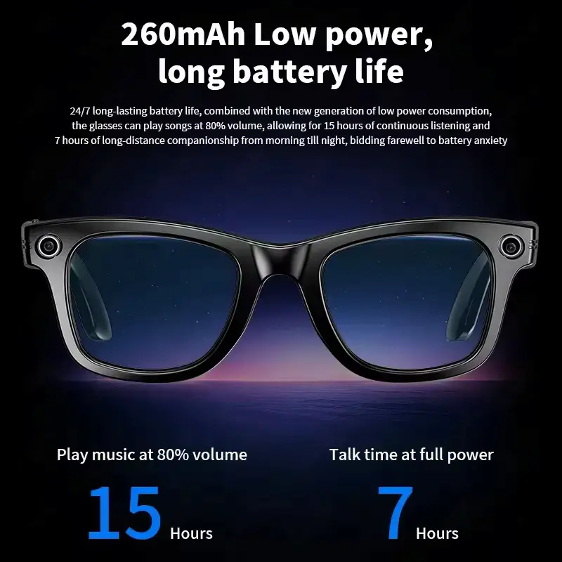 Illustration showing 260mAh low power battery life of smart glasses with 15 hours of music and 7 hours of talk time.