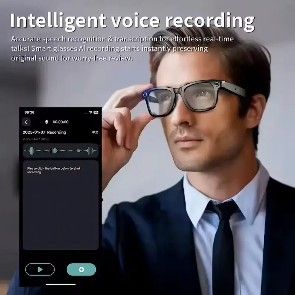 A man wearing W610 Smart AI Glasses while using the intelligent voice recording and real-time transcription app.