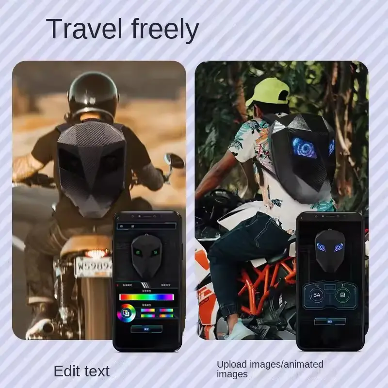 Mobile phone app interface controlling illuminated eye graphics on a smart travel bag.