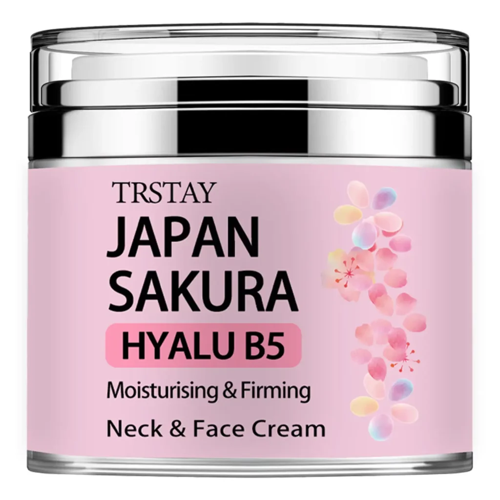 A jar of TRSTAY Japan Sakura Hyalu B5 Moisturising and Firming Neck and Face Cream with pink cherry blossom design.