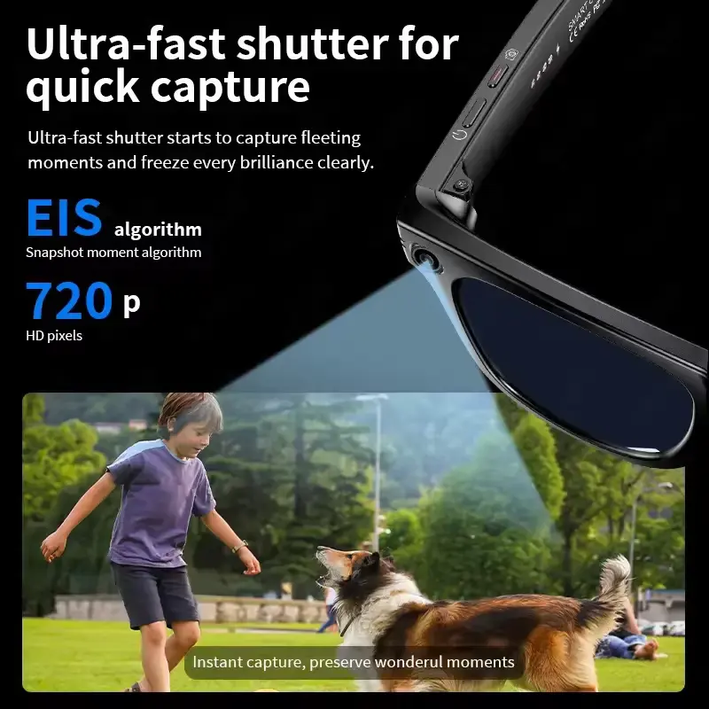 Smart glasses capturing a fast-moving scene of a child and a dog using EIS algorithm and 720p HD pixels.
