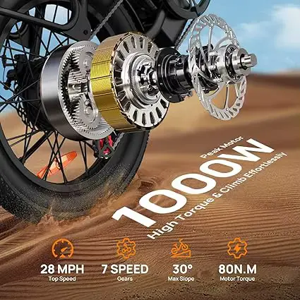 Close-up of the 1000W peak motor, 7-speed gears, and disc brake system on a sandy terrain.