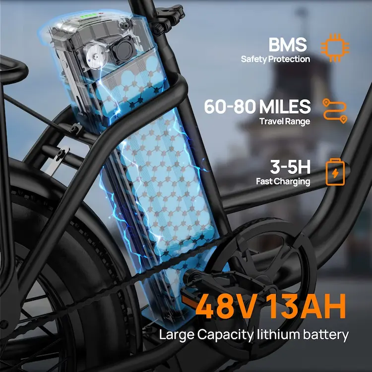 Internal view of the 48V 13Ah lithium battery with BMS safety protection for the URLIFE e-bike.