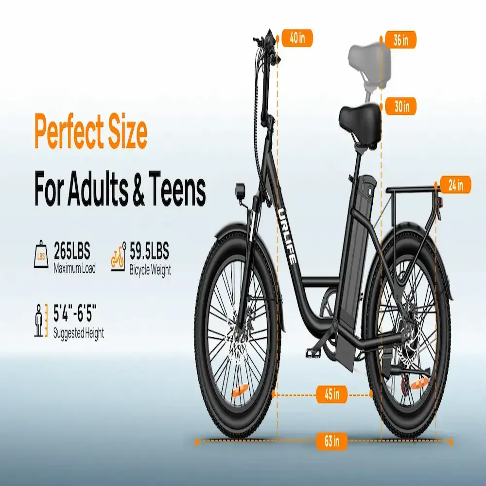 Diagram of bike dimensions including seat height ranges and maximum weight capacity of 265 lbs.