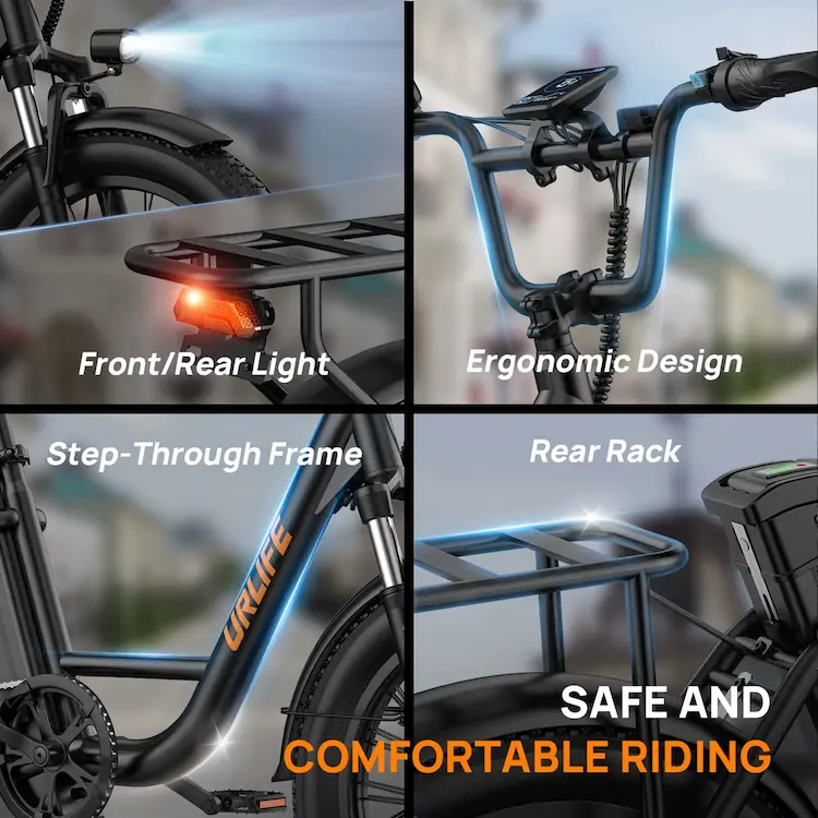 Collage showing the front/rear lights, ergonomic design, step-through frame, and rear rack.