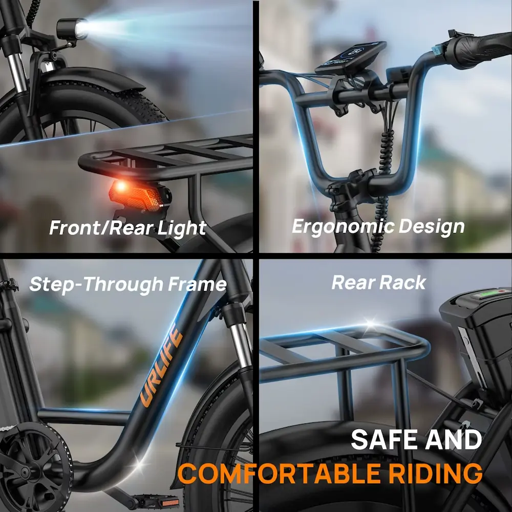 Four panel grid displaying front and rear LED lights handlebar display step-through frame and cargo rack.