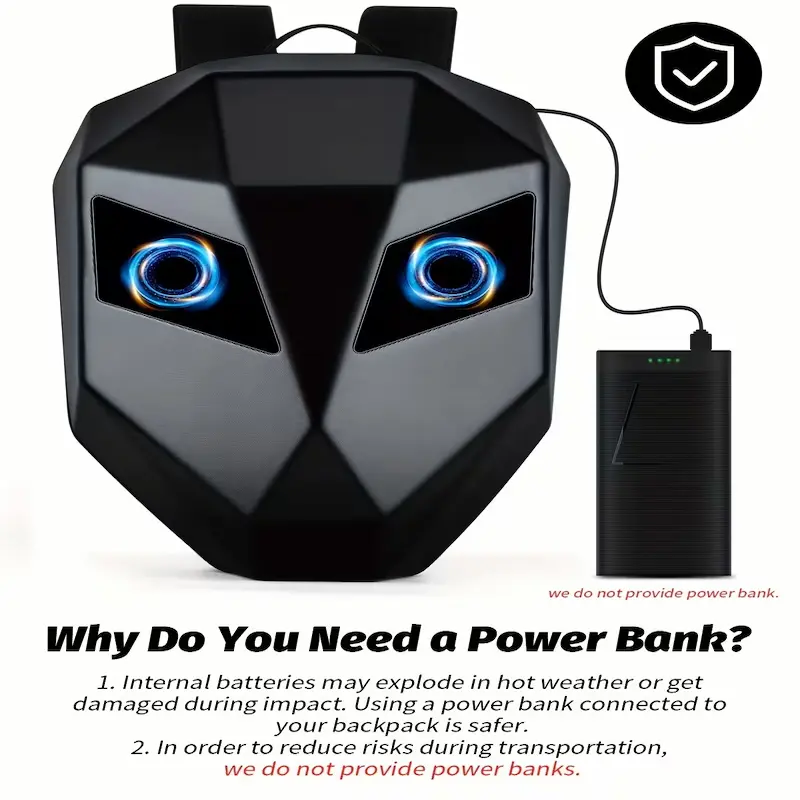 External power bank connected to Gelrova backpack with safety warning.